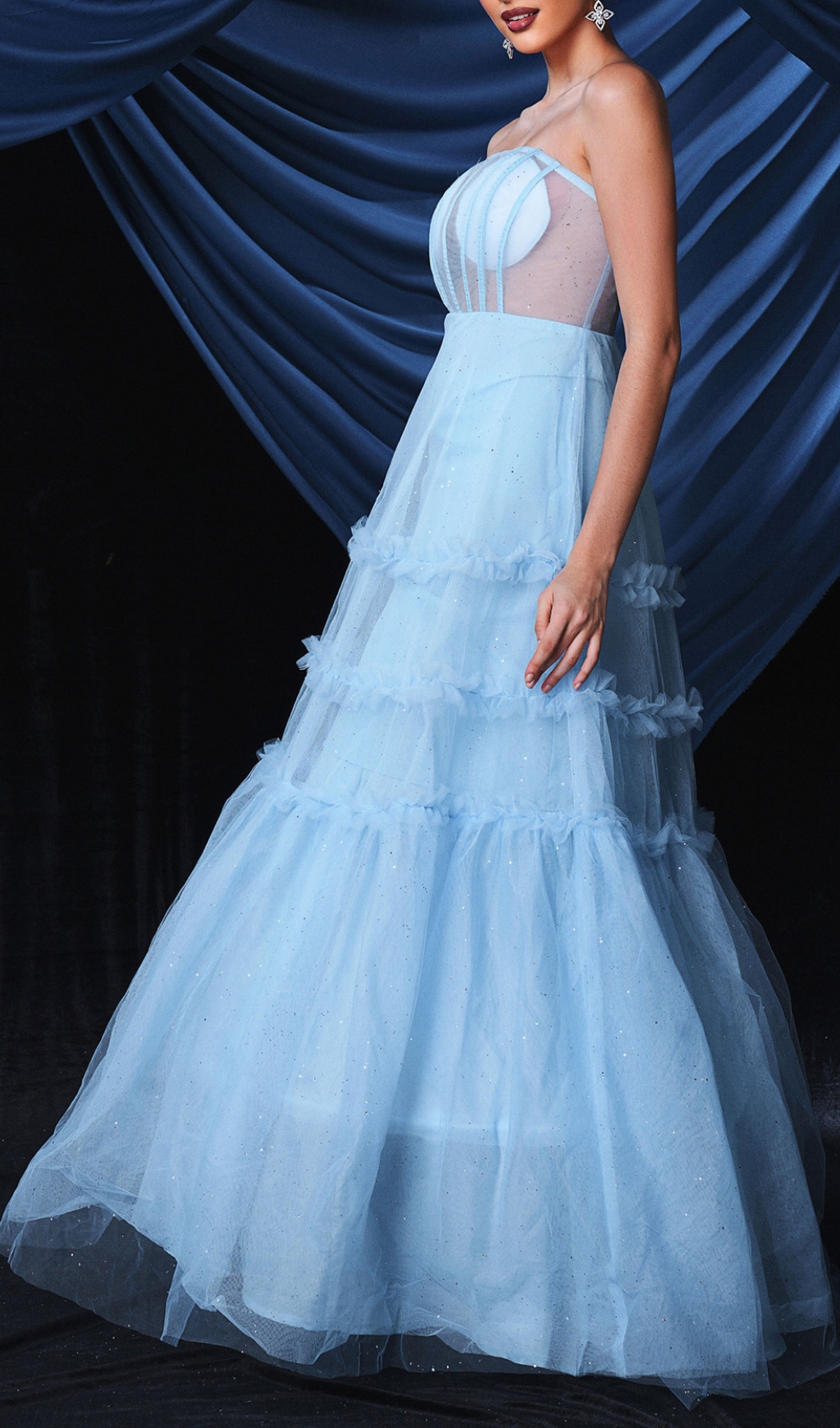 Borime Blue Corset Mesh Maxi Dress