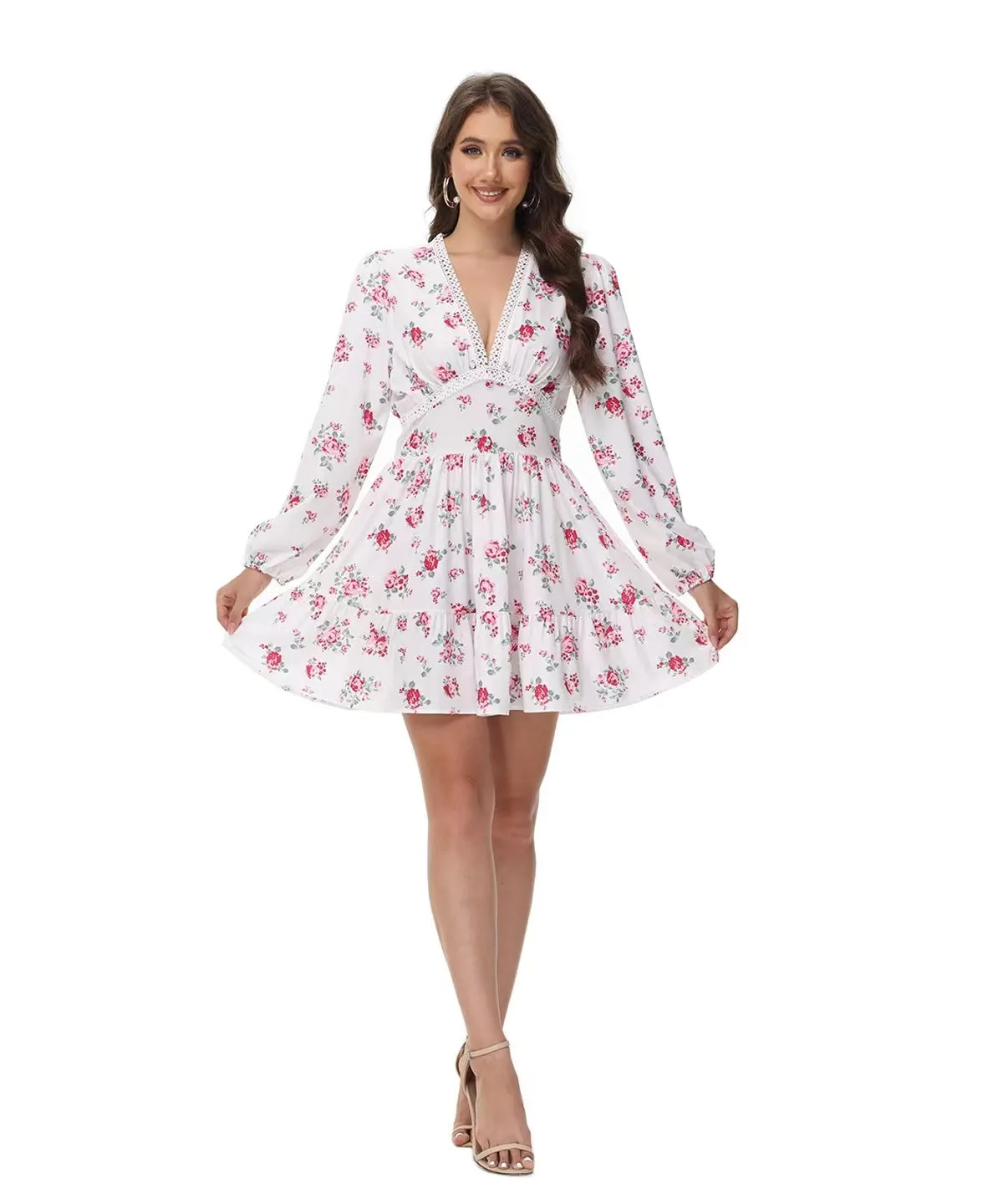 Printed V-Neck Puff Sleeve Lace Mini Dress - OWNCI Printed V-Neck Puff Sleeve Lace Mini Dress - OWNCI