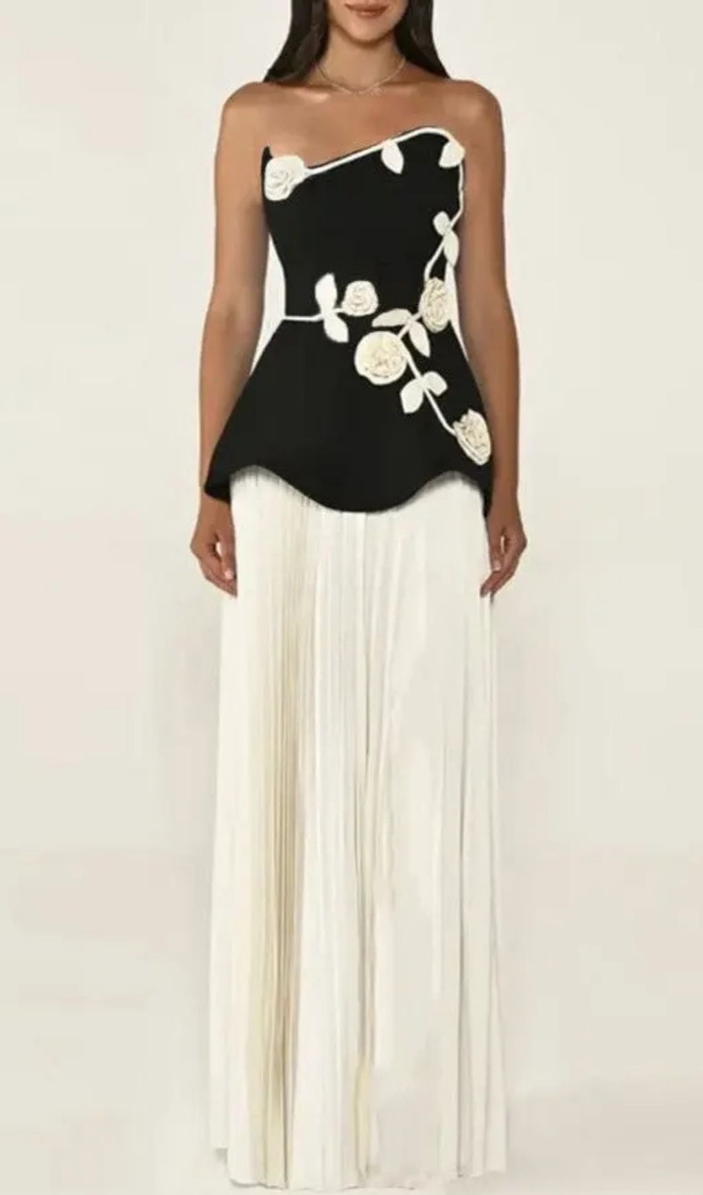 Strapless 3D Rose Appliqué Peplum Maxi Dress