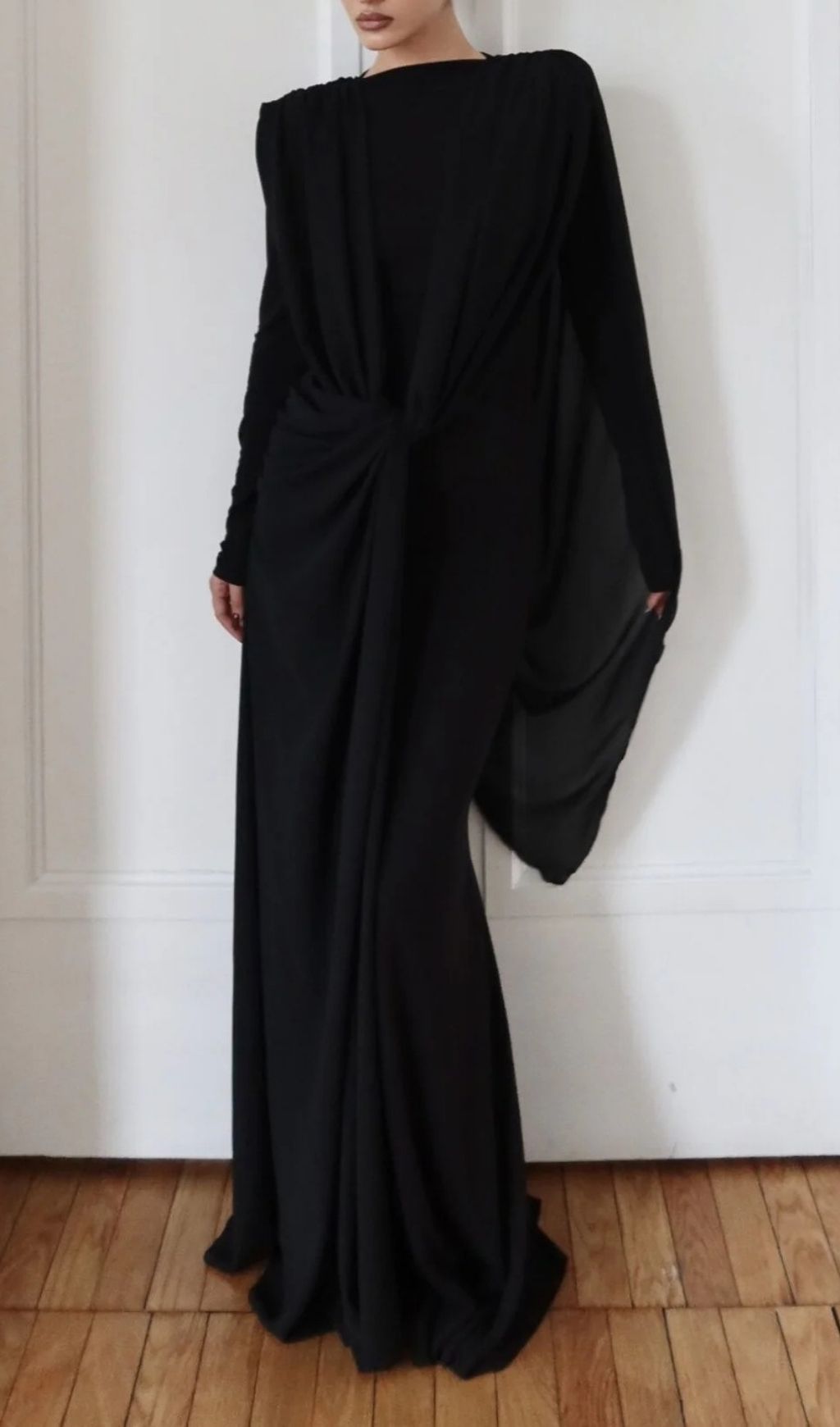 Launa Black Long Sleeve Ruched Maxi Dress for Evening - black, textured maxi dress by OWNCI