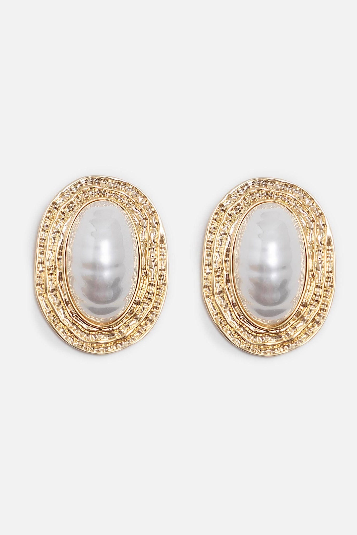 Vintage Textured Gold Oval Baroque Pearl Stud Earrings