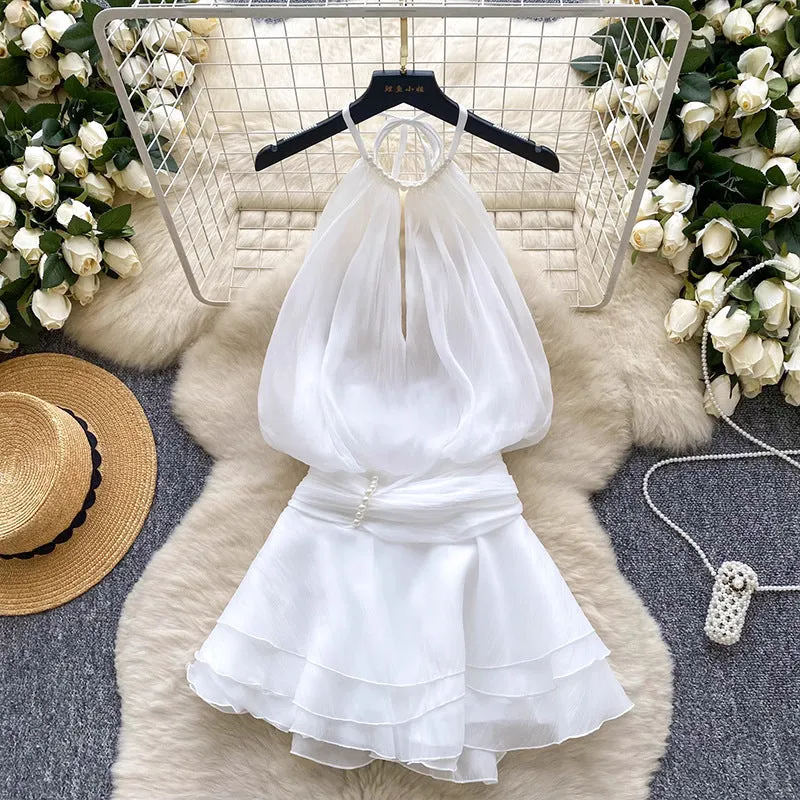 Halter Neck Beaded Mini Dress With Ruffled Chiffon