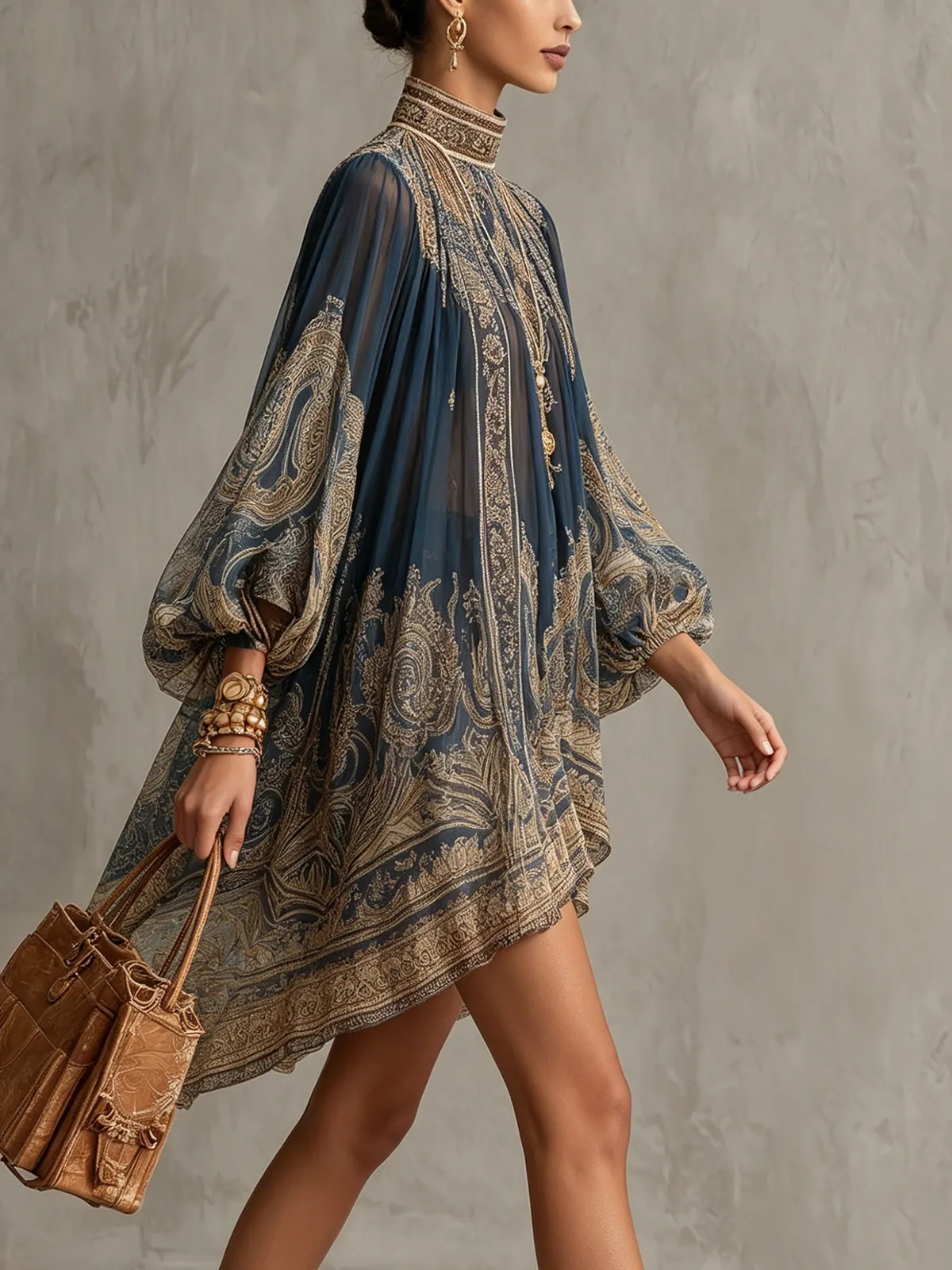 Navy Blue Baroque Print High-neck Irregular Chiffon Mini Dress