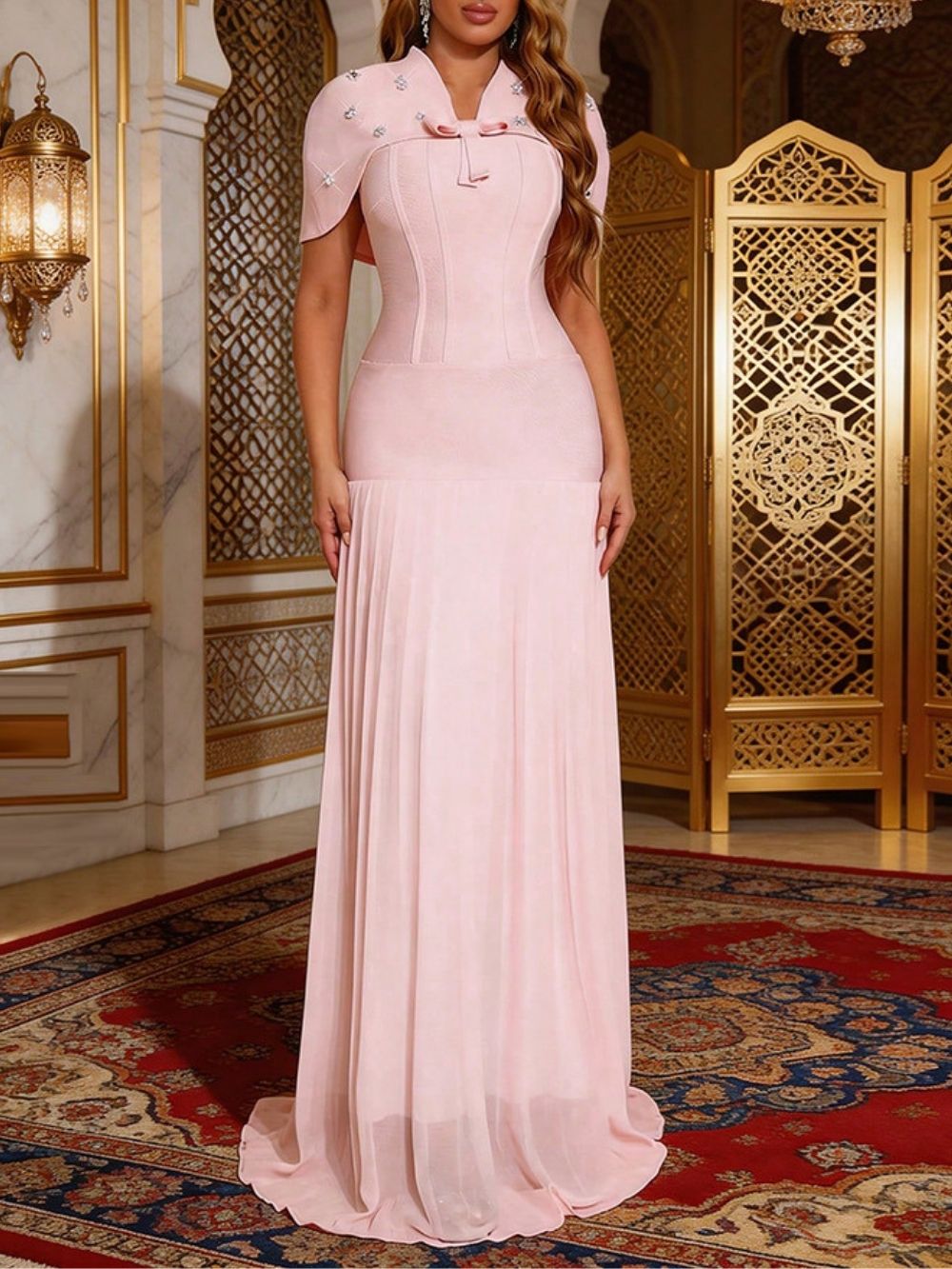 4c8af070d73695d1032e43096c4be3f2 Makiko Pink Bandage Maxi Dress With Beaded Cape