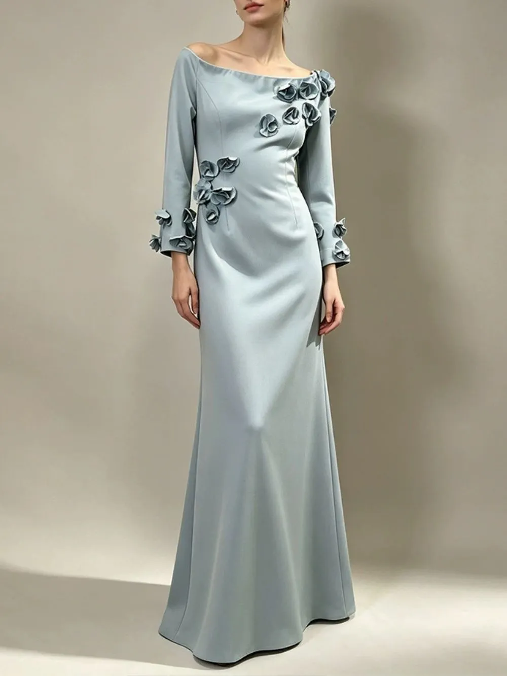 Maelie Haze Blue Off-Shoulder Flower Maxi Dress