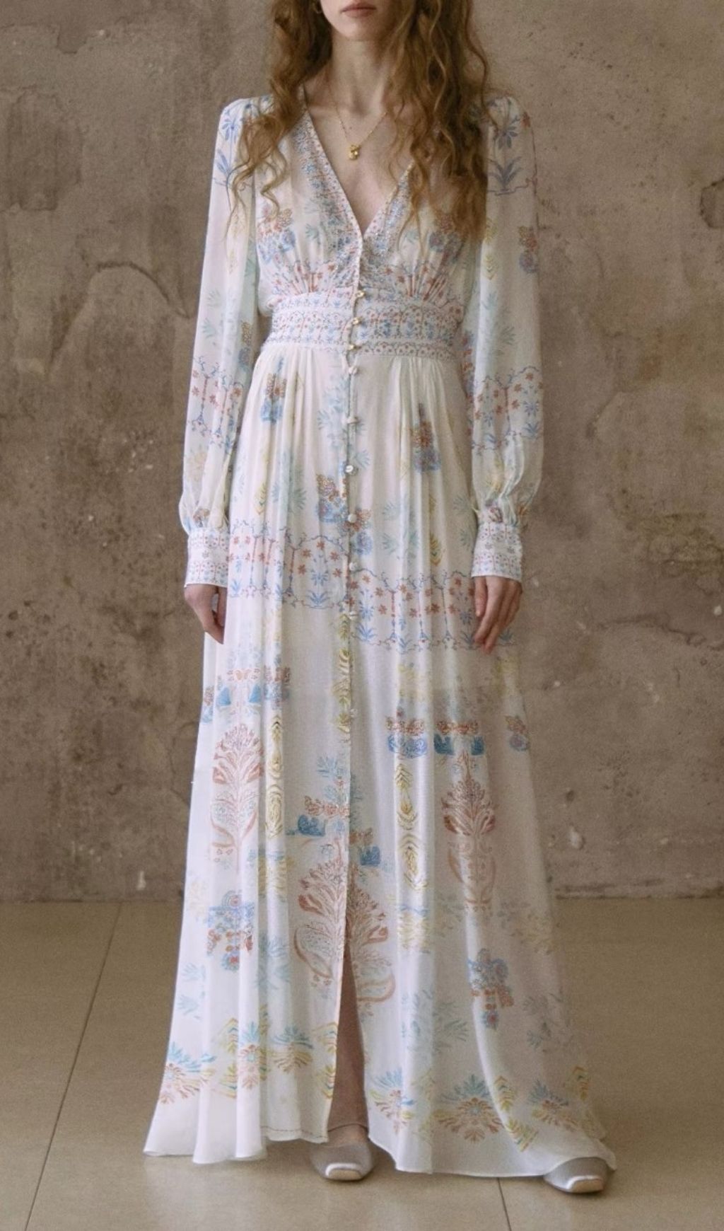 Lesley Printed V-Neck Lantern Sleeve Slit Maxi Dress - Blue