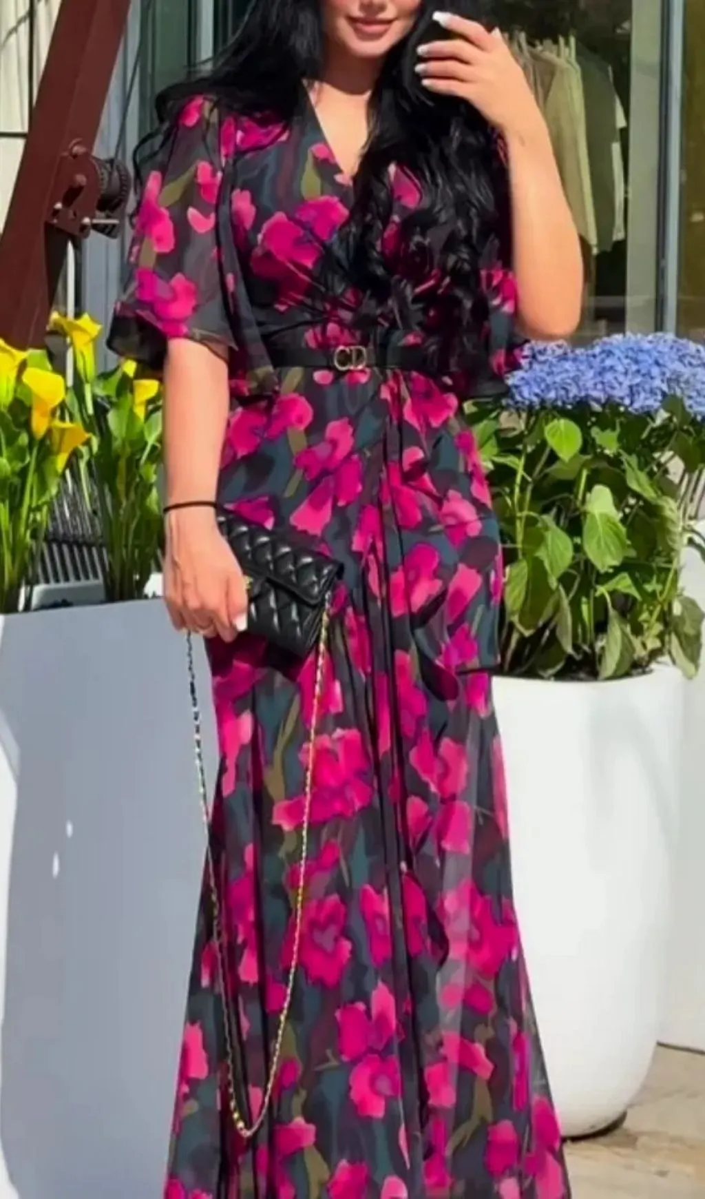Retro V-Neck Trumpet Sleeve Printed Dress