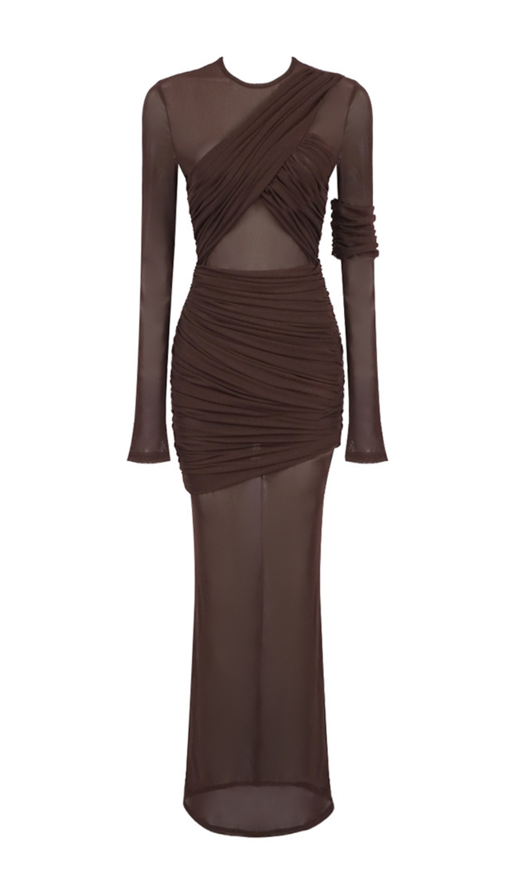 4d5a3c83402fdf4bd65947afce096c20 Long Sleeve Mesh Insert Draped Maxi Dress