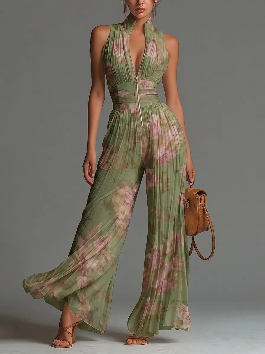 4d67cddbdc990220e315f993912ca6e1 Green Floral V-neck Sleeveless Zip-up Pleated Wide-leg Chiffon Jumpsuit