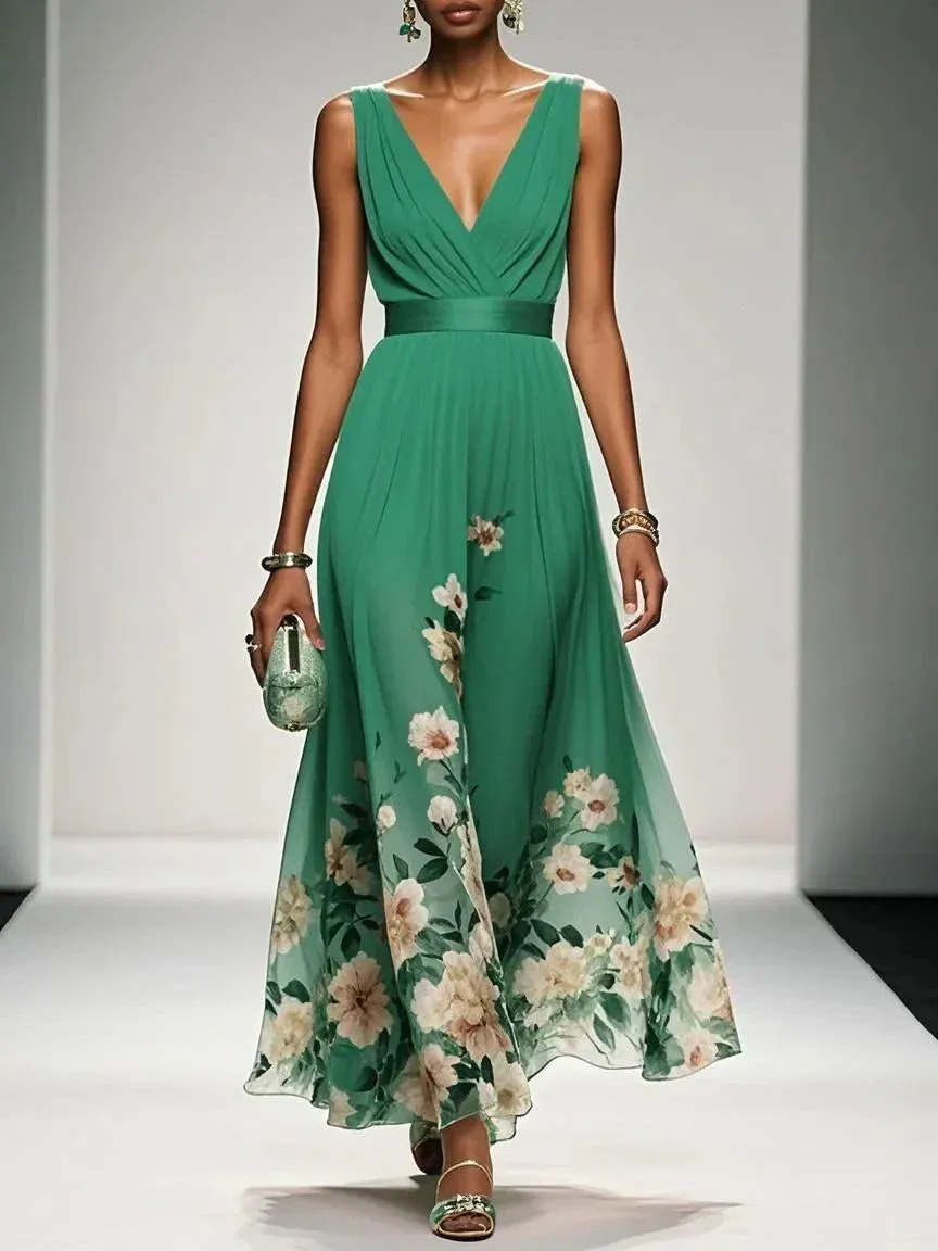 Light Blue Floral Chiffon V Neck Sleeveless A-Line Maxi Dress - OWNCI