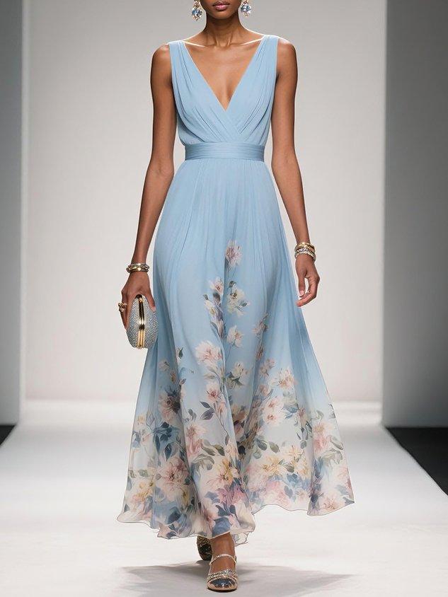 4d85abd8cd76761af9a54384455ddb7b Light Blue Floral Chiffon V Neck Sleeveless A-Line Maxi Dress