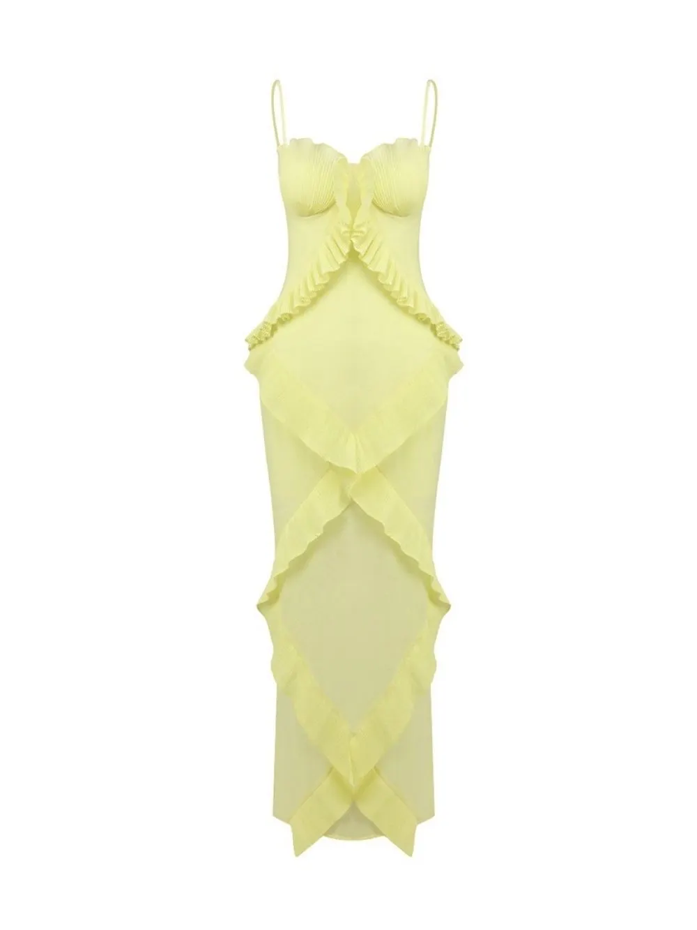 Mallie Yellow Spaghetti Pleated Ruffle Maxi Dress