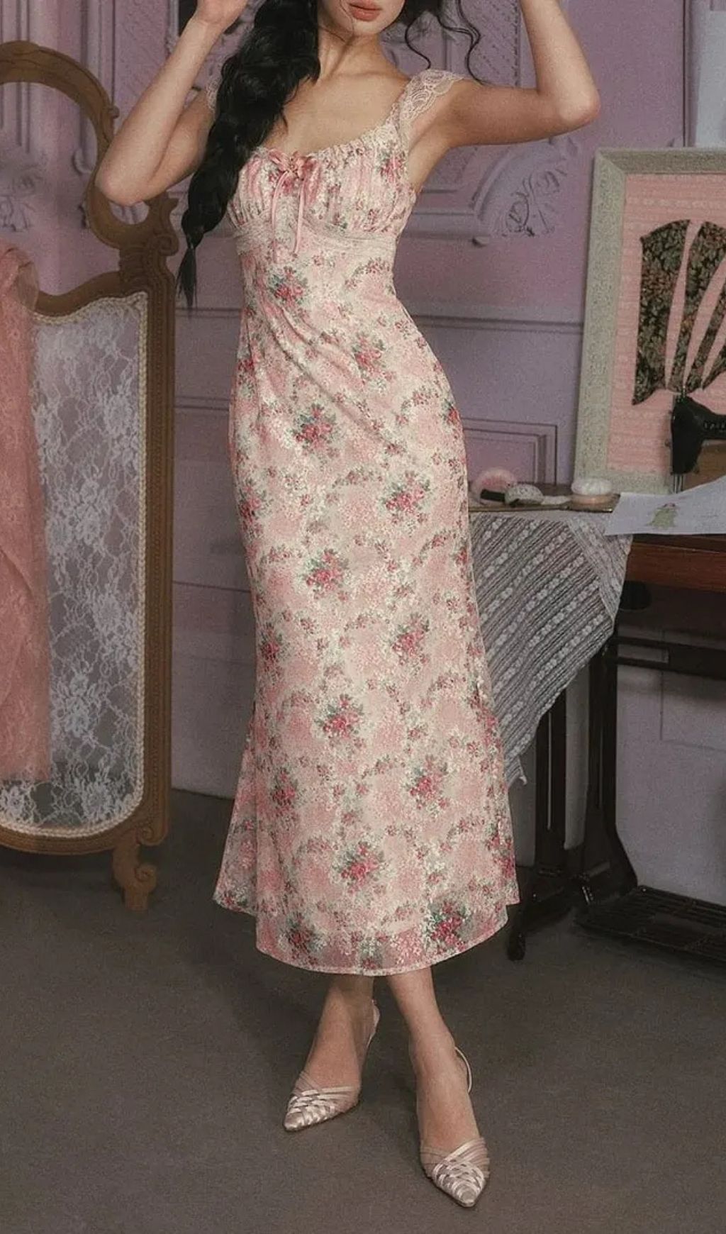 Julie Floral Print Lace Trim Midi Dress - Pink