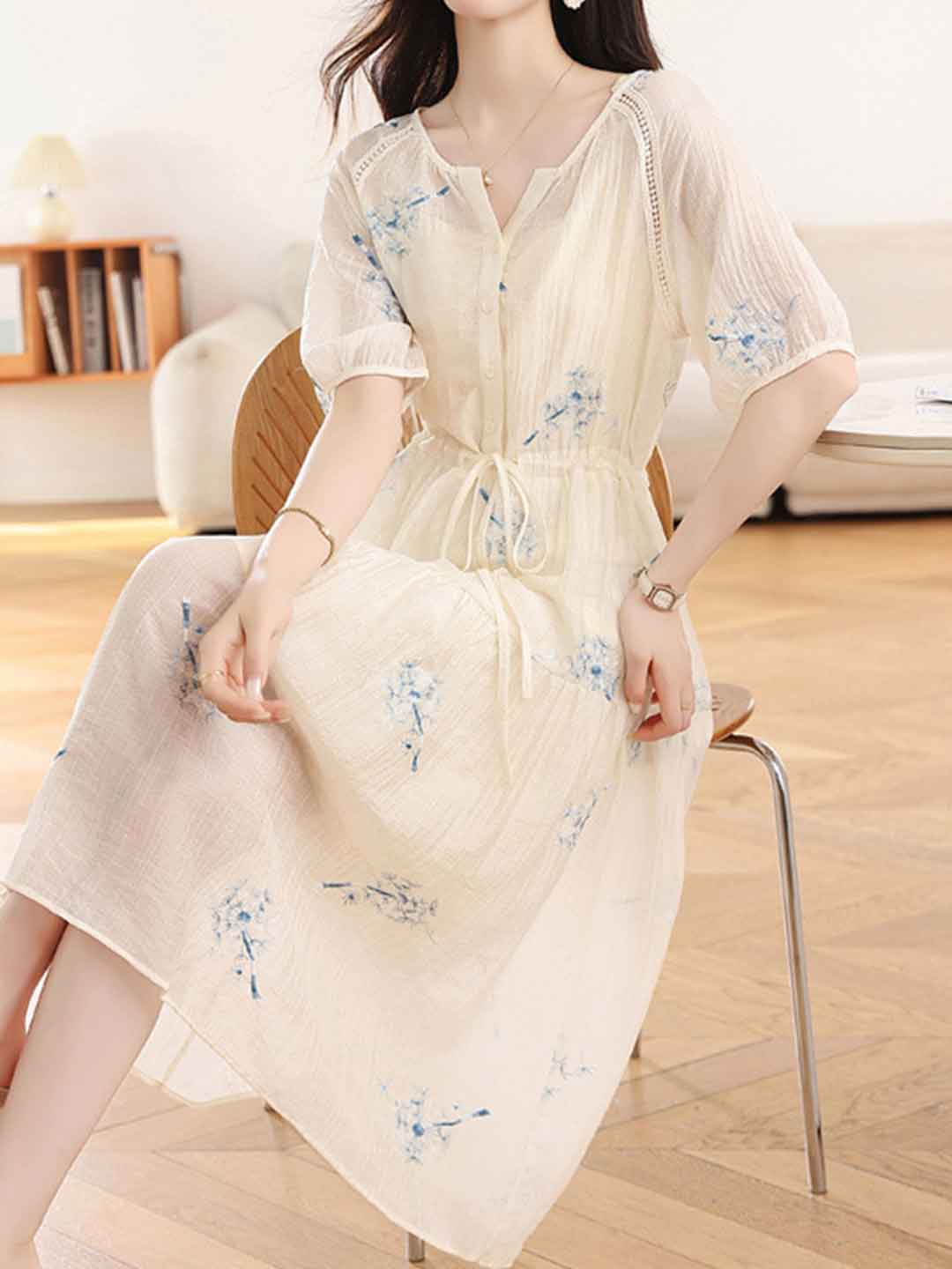 Nora Waisted V-Neck Embroidered Dress