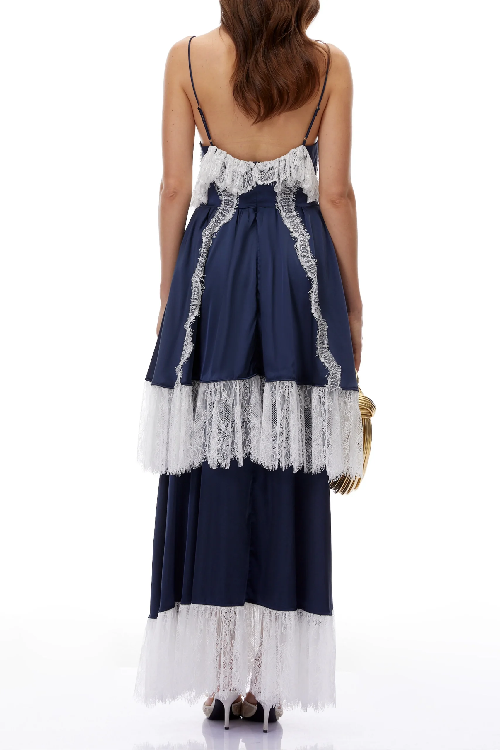 4dd2a863dc65acba94f1e7794e881a80 Navy Spaghetti Strap V-Neck Tiered Lace Fringe Maxi Dress