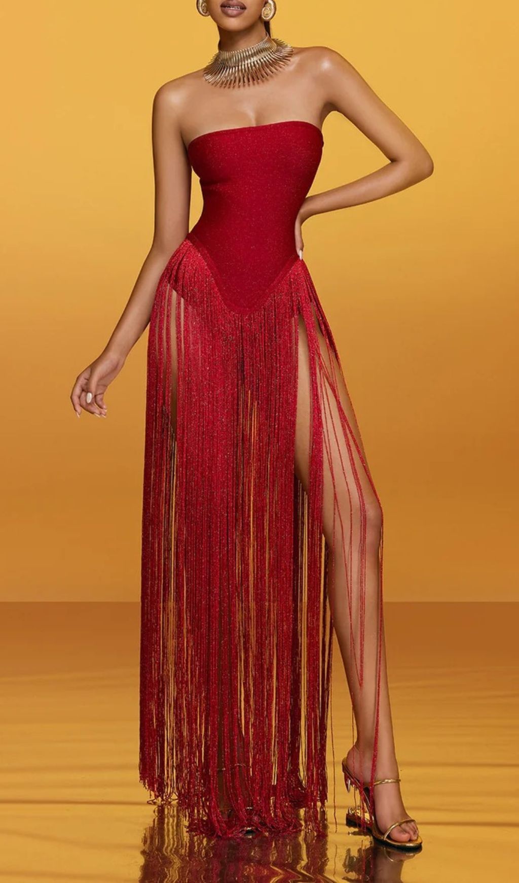 Rendor Strapless Fringe Bandage Maxi Dress In Red