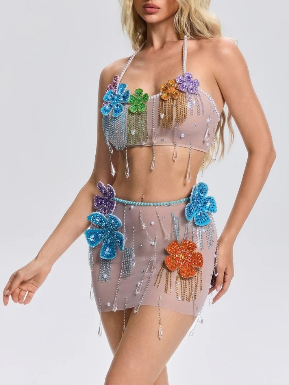 Florissa Flower Pearl Mesh Skirt Set