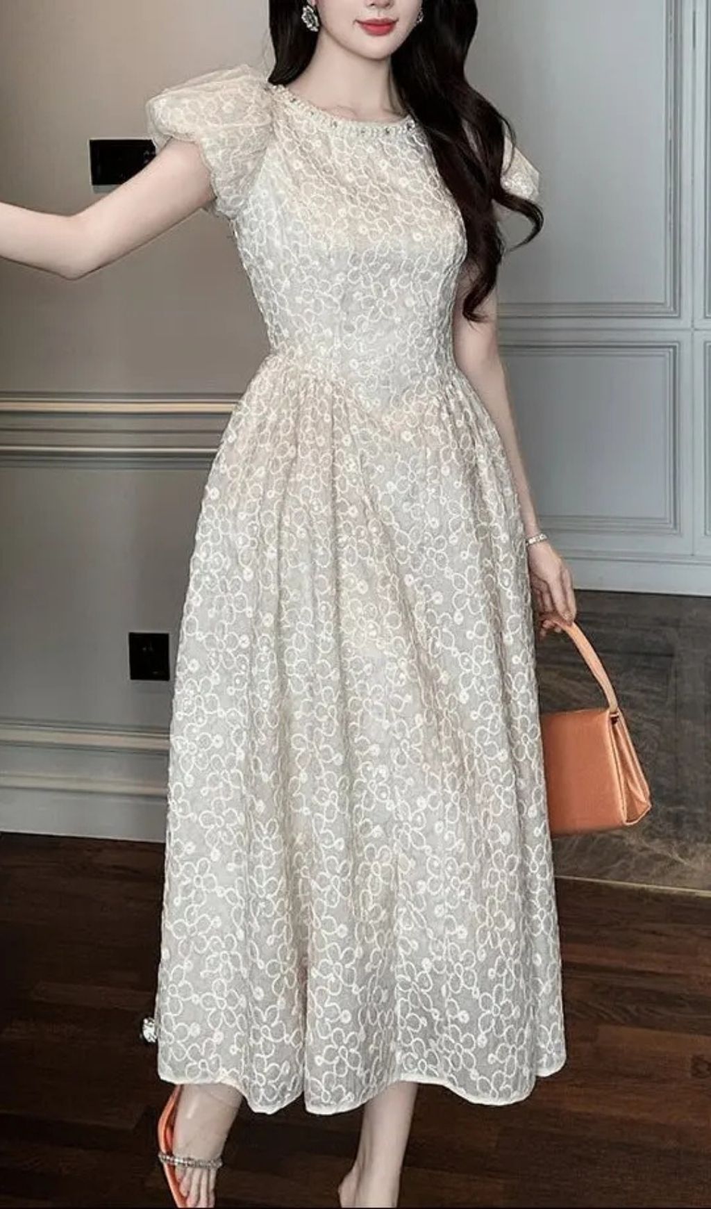 Pearl Neck Puff Sleeve Flared Lace Maxi Dress - Apricot