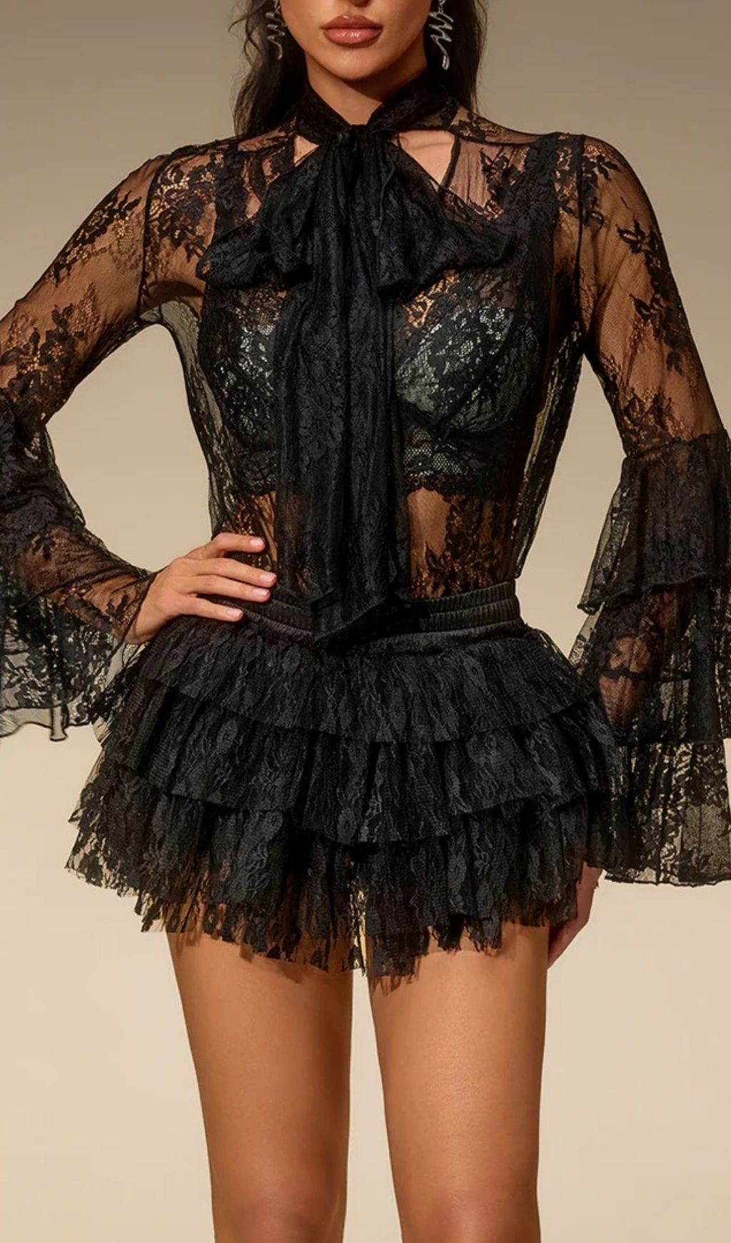 Fashionslee Women Siesha Flare Sleeve Lace Tiered Skirt Set