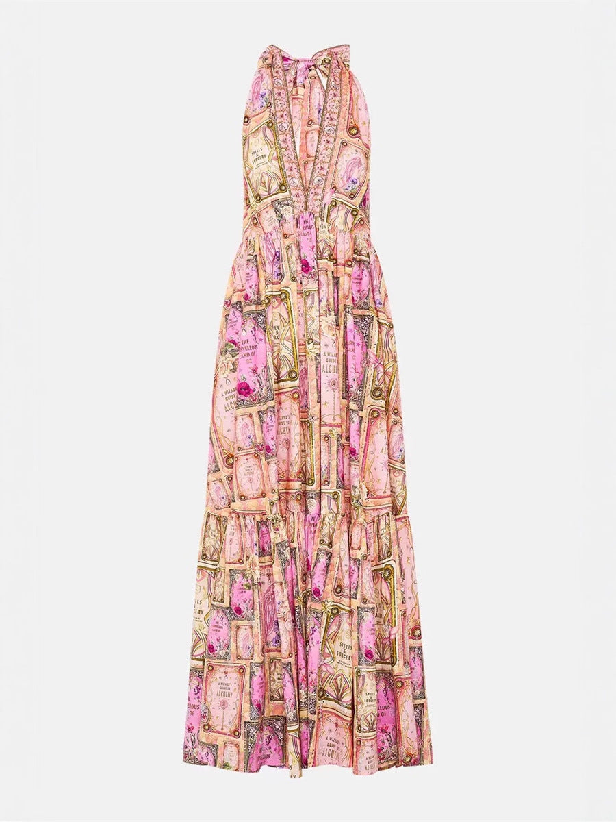 V-Neck Halter Neck Printed Maxi Dress - Pink