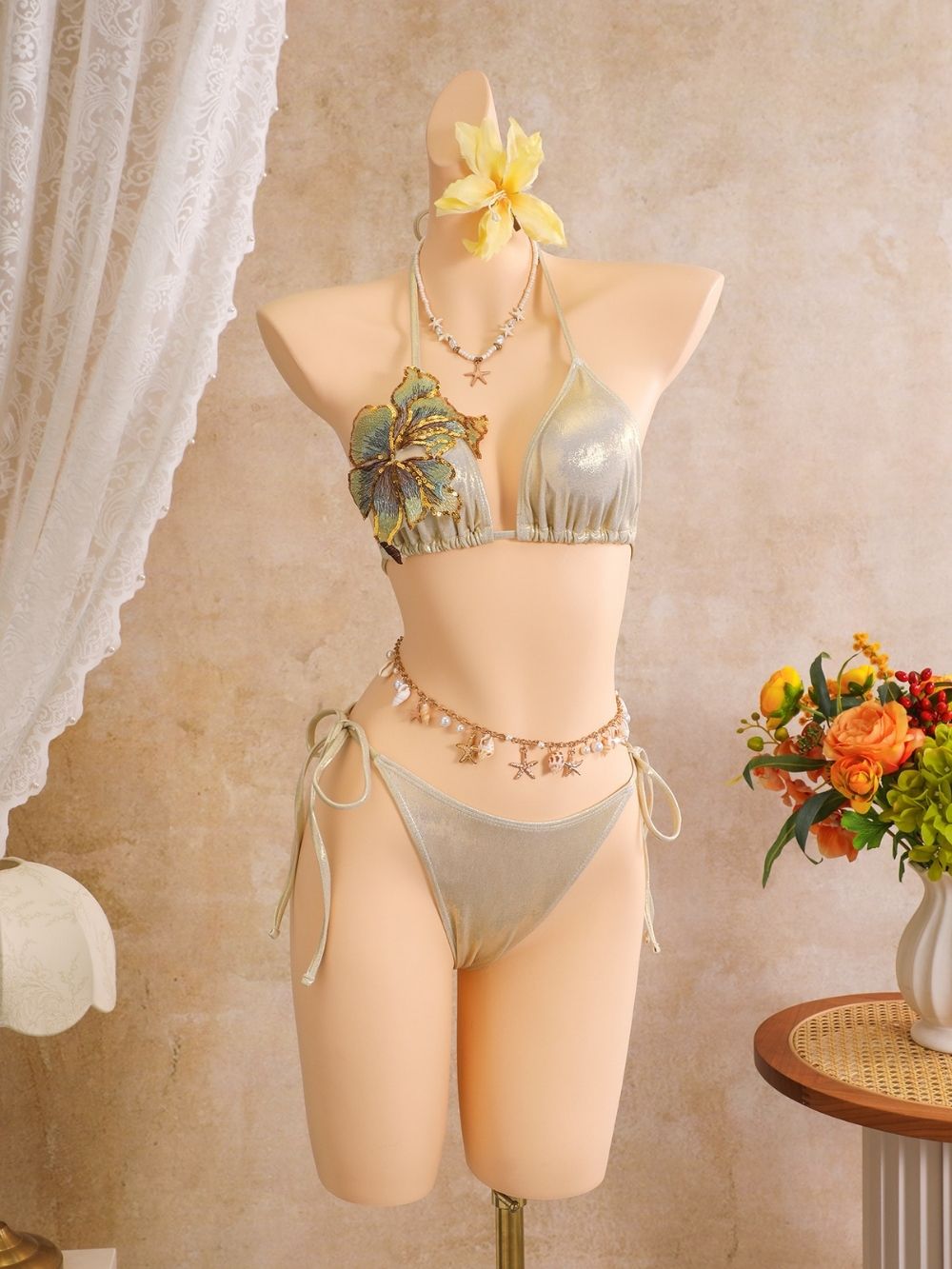 Ambric Apricot Flower Three-Piece Swimsuit