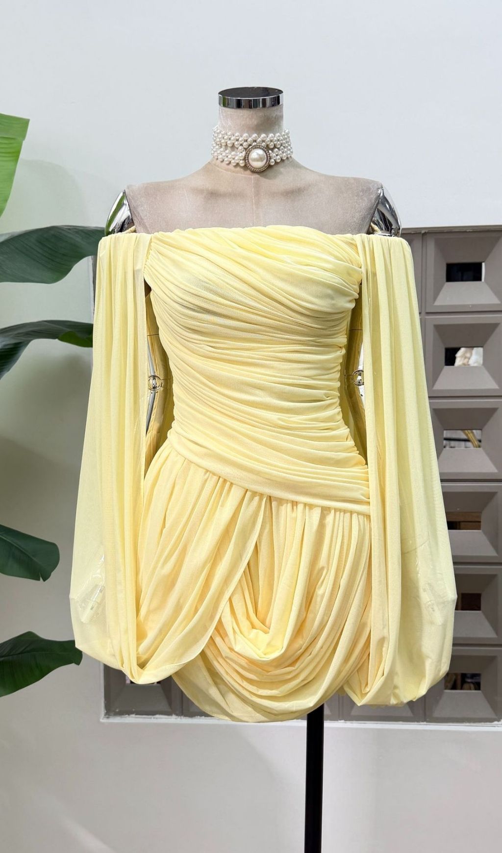 Zhuria Off Shoulder Draped Mini Dress - Yellow
