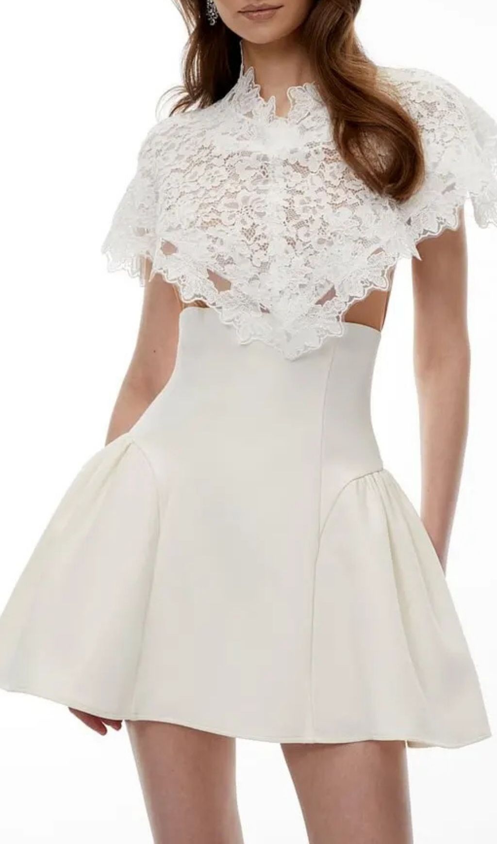 4f1bf42c86d49fa62cbb5733e5506485 Mandana White Lace Mini Dress with Cape