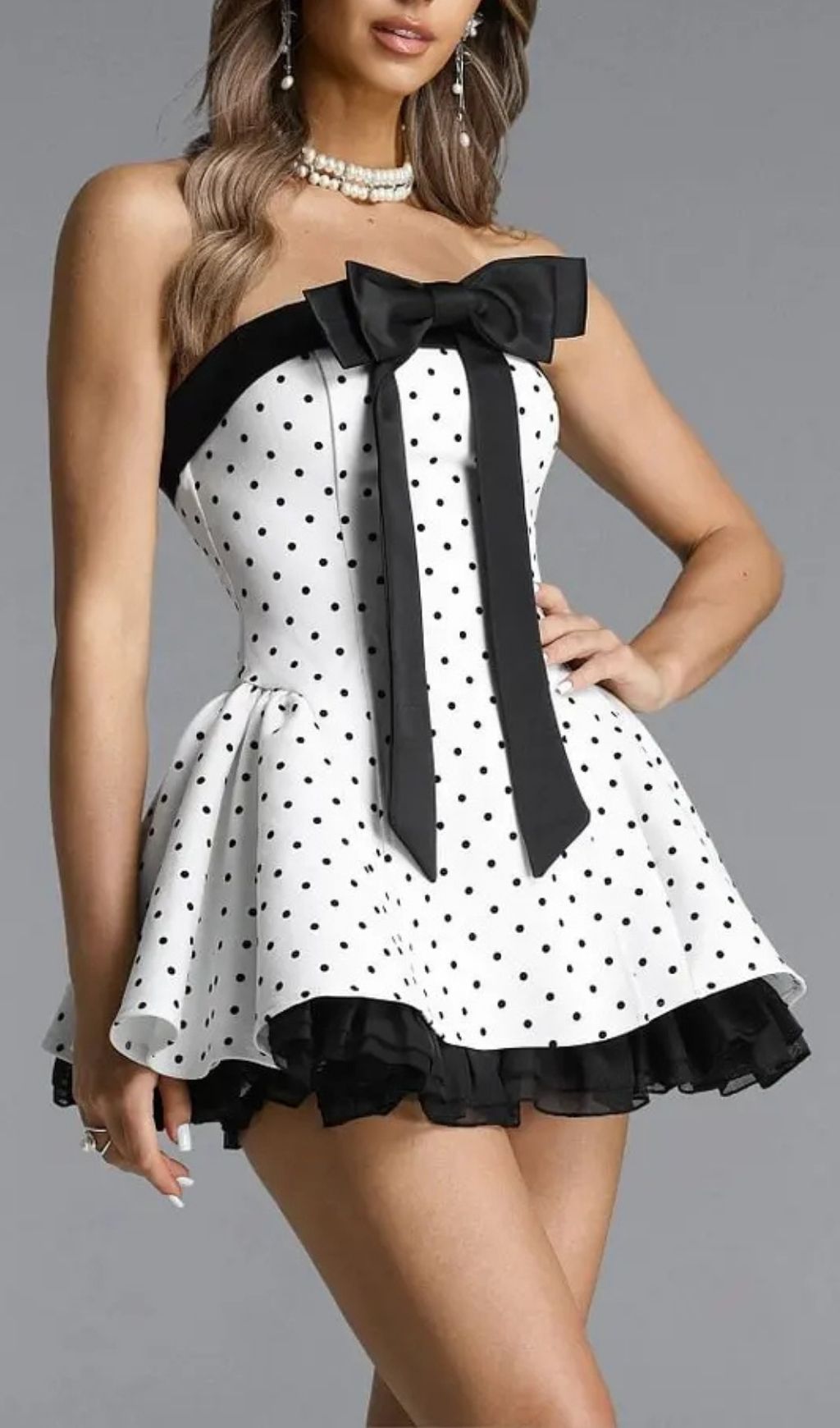 4f2bdd9472b36b71211030dc16a68ac8 Octavia White Bow Polka Dot Woven Strapless Mini Dress