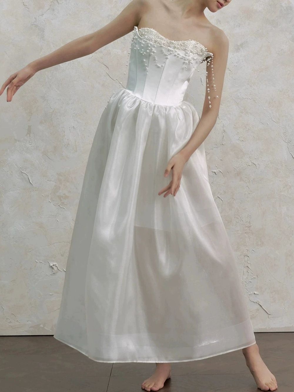 4f6b10e7723bb2d868a63a42d1ce64a6 Mahalah White Strapless Pearl Maxi Dress