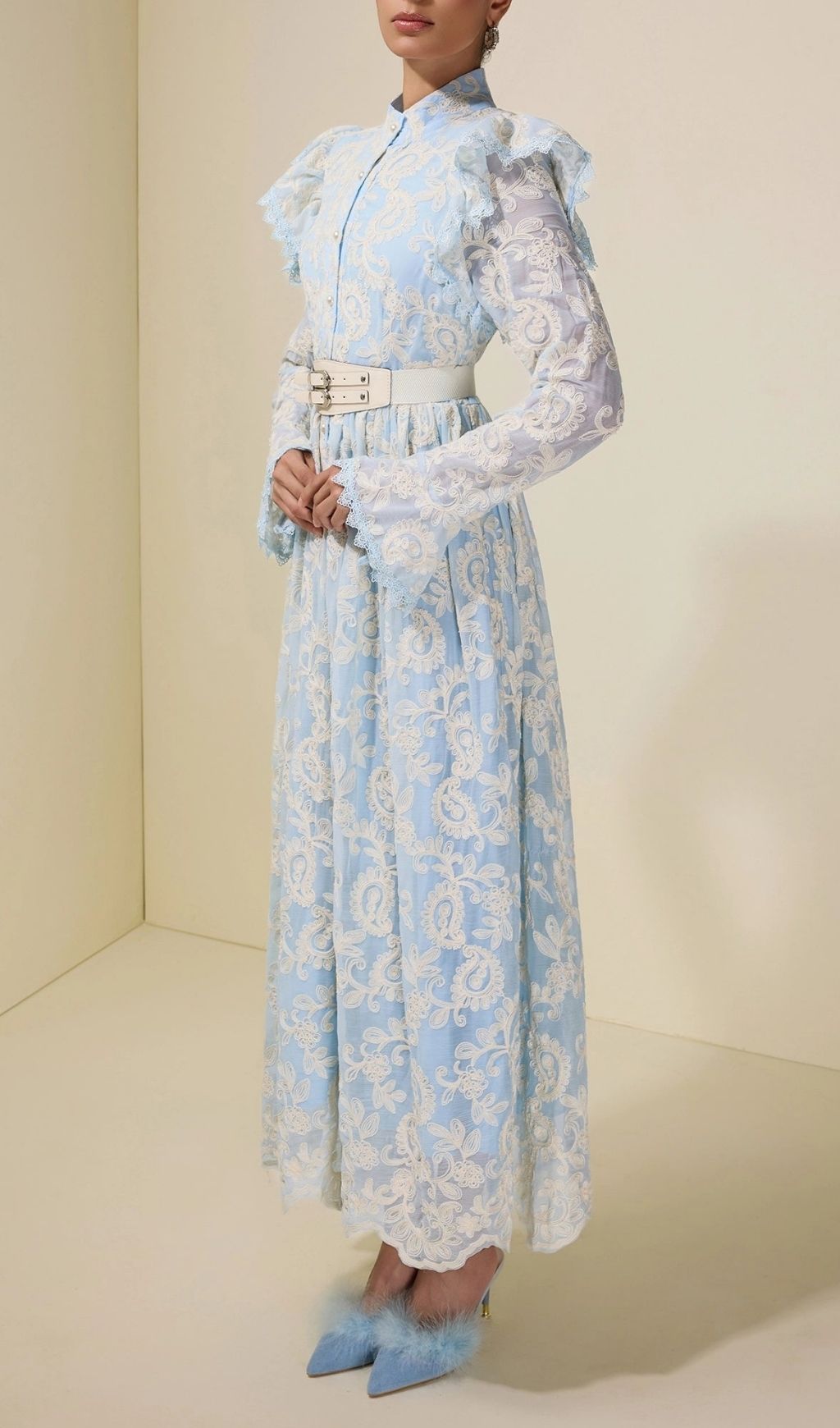 4fa32a8184a84c695a405d94ec2ea645 Alma Chiffon Embroidered Single Breasted Midi Dress With Belt - Blue