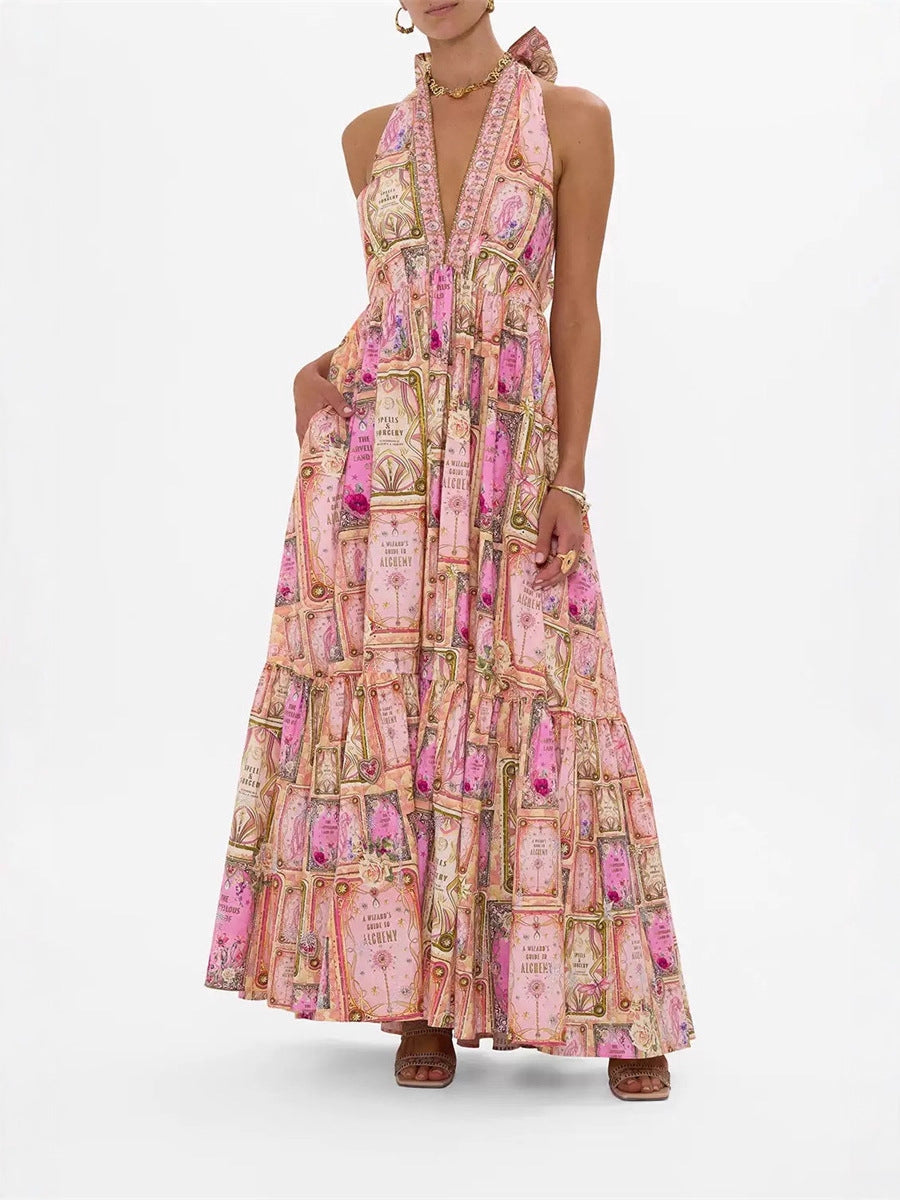 V-Neck Halter Neck Printed Maxi Dress - Pink