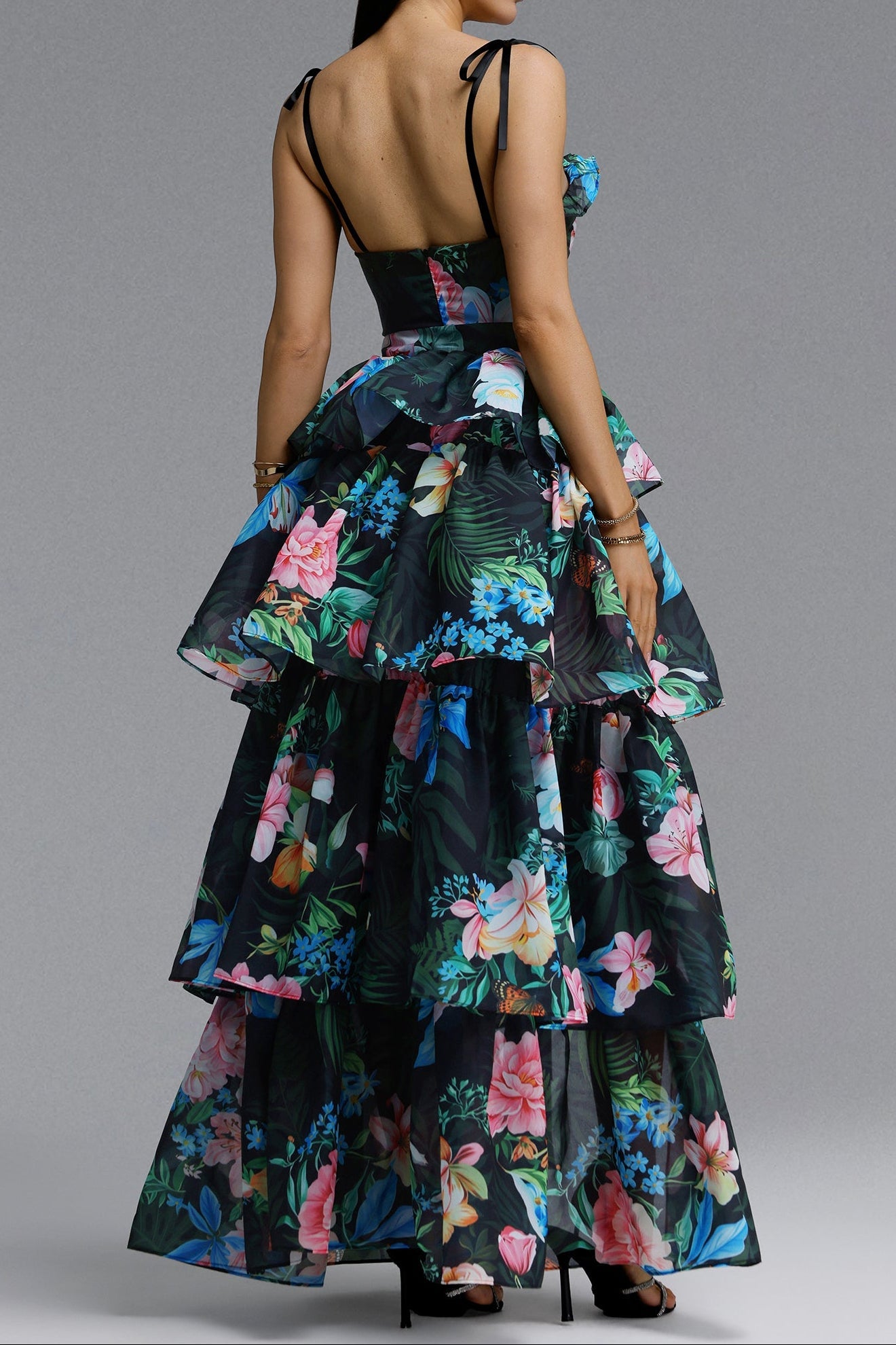 4ff112fc4ae54d26808debaf81031de9 Tropical Floral Cutout High Low Tiered Maxi Dress