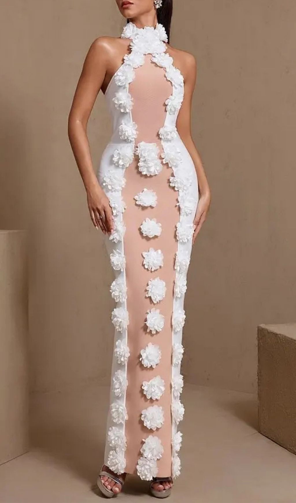 Jennifer White Halter Neck 3D Flowers Bandage Maxi Dress