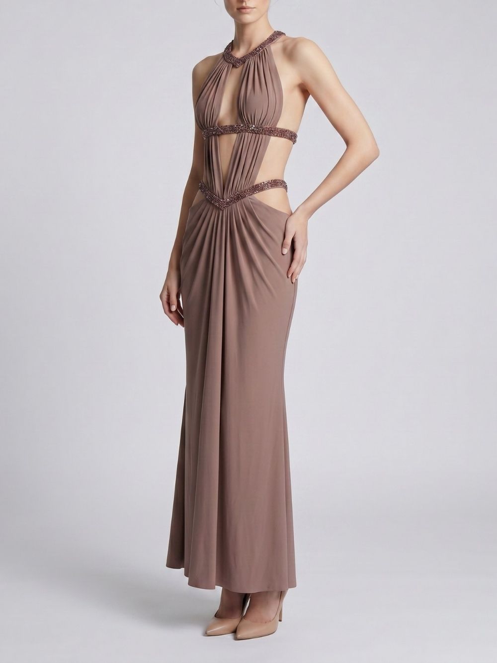 5005fea6c28033317aa61de17b8e186d Makani Halter Cutout Embellished Maxi Dress