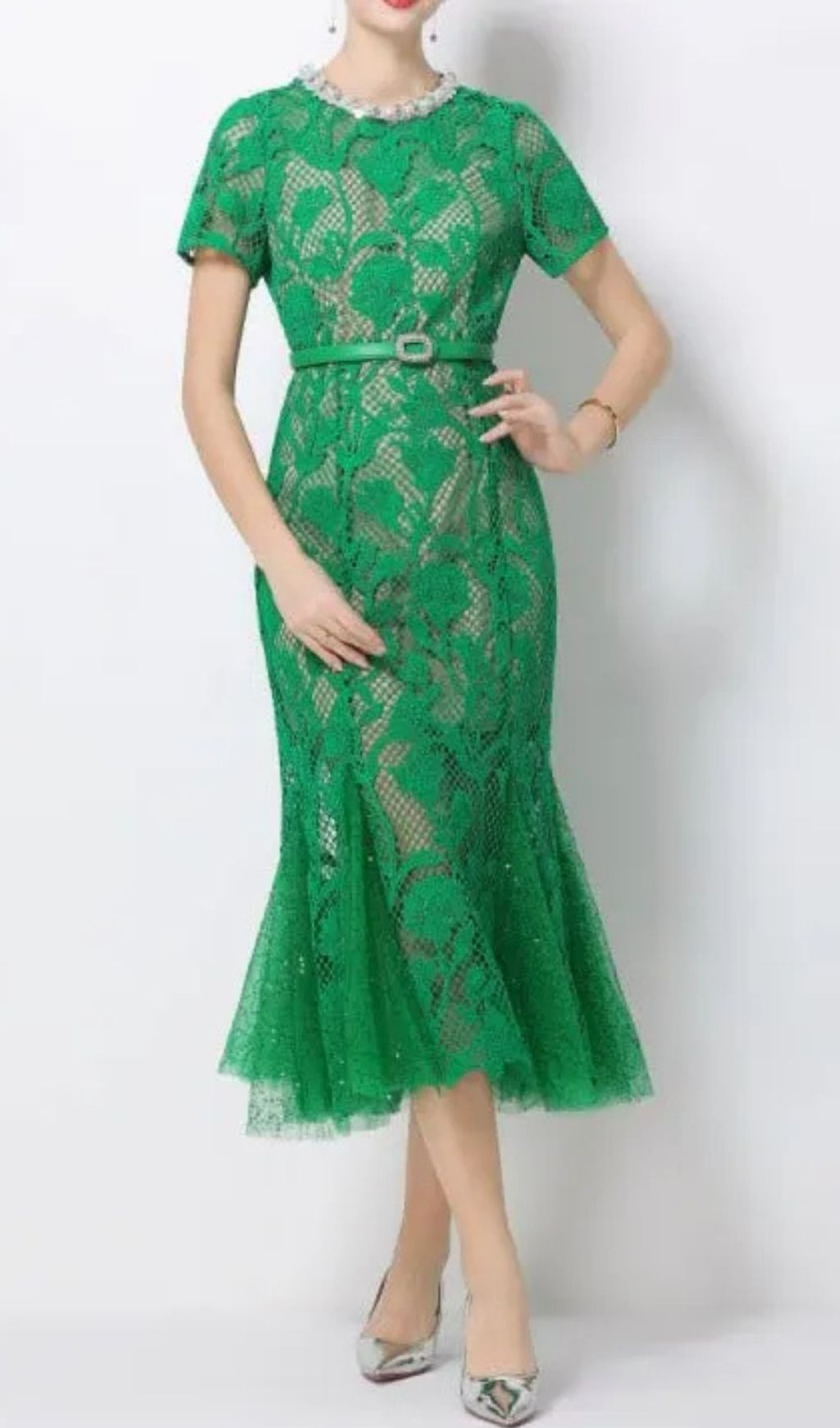 Rhinestone Flower Hollow Lace Fishtail Midi Dress - Green