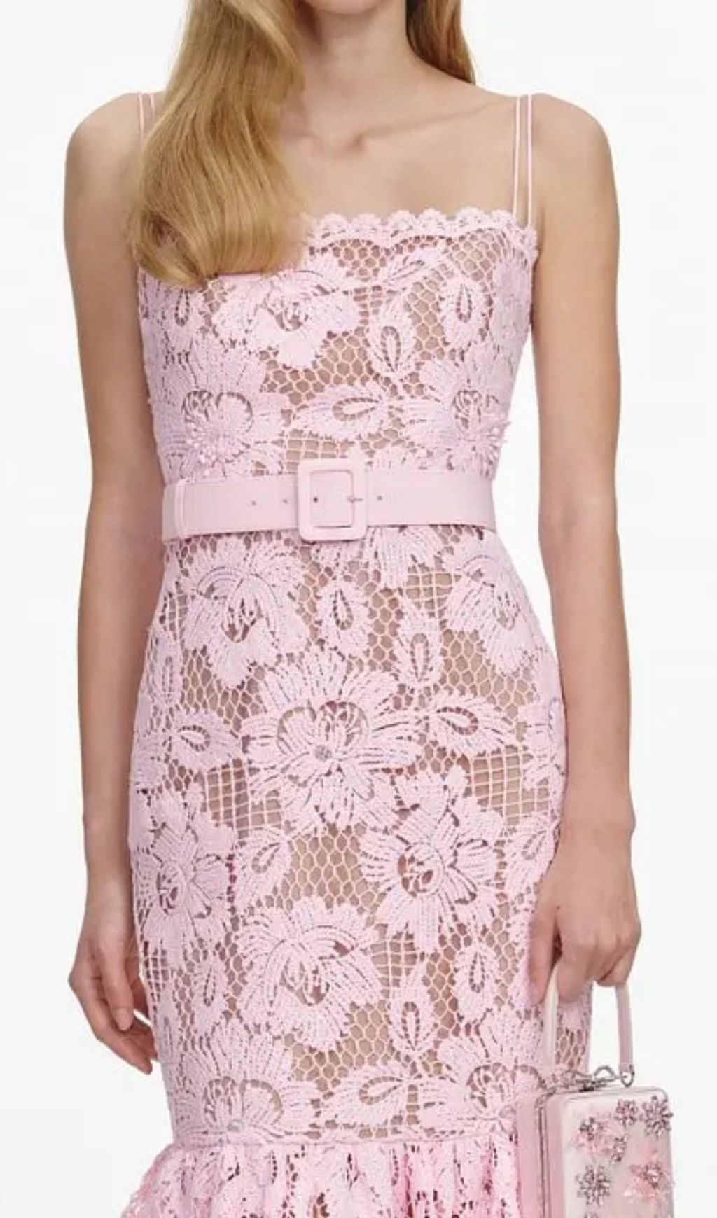 Simona Pink Crochet Lace Hollow Midi Dress