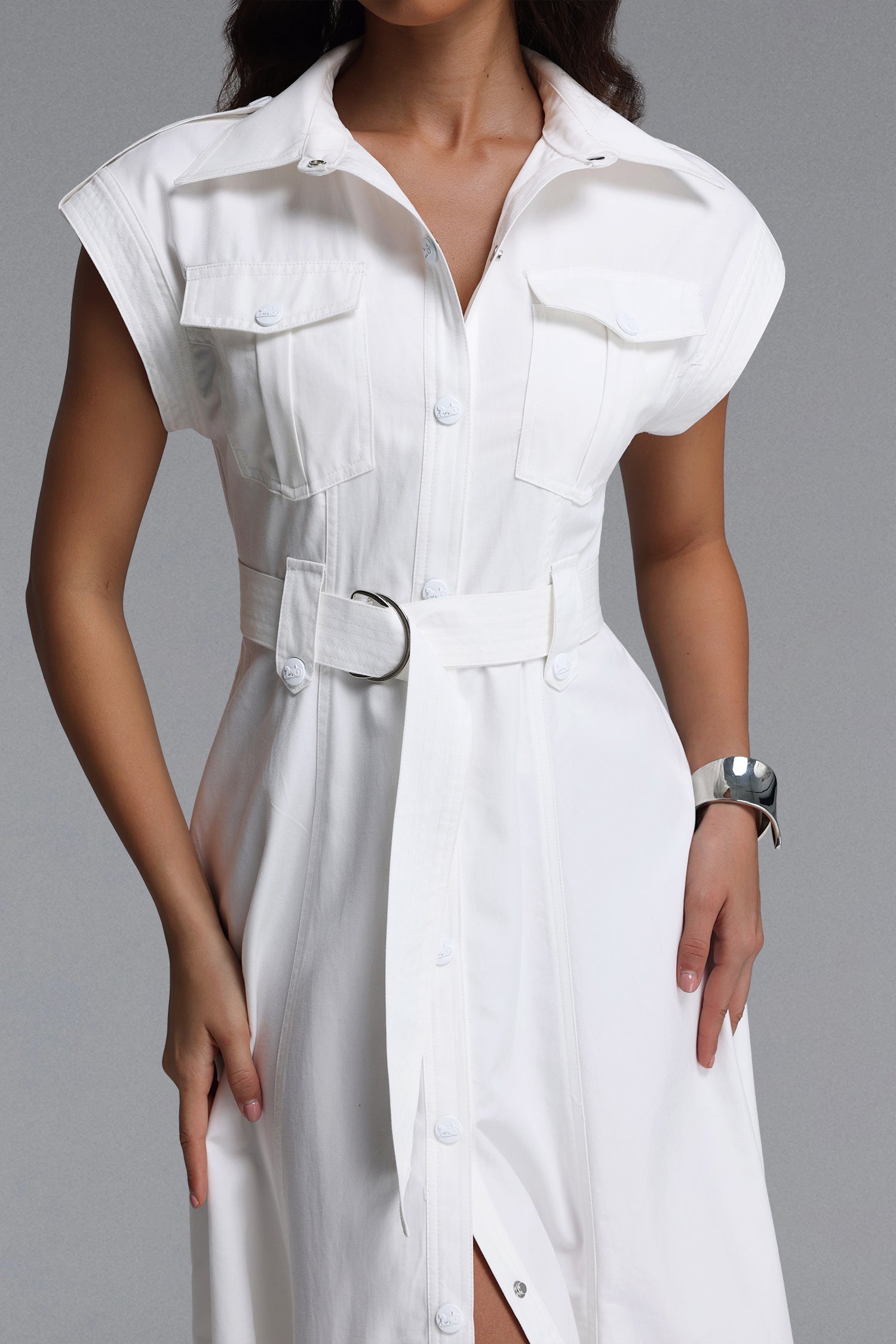506bee6b09fc194ea553623e4a92e9d3 White Cap Sleeve Belted Cargo Pocket Front Split Midi Shirt Dress