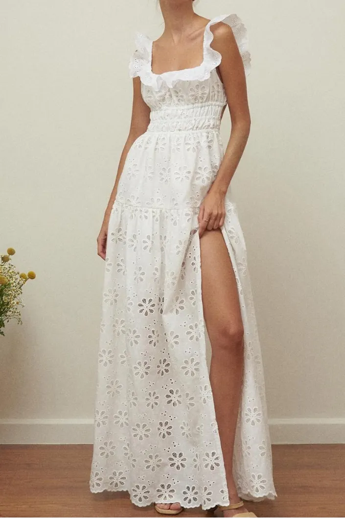 Ruffled Square Neck Embroidered Backless Slit Maxi Dress - White