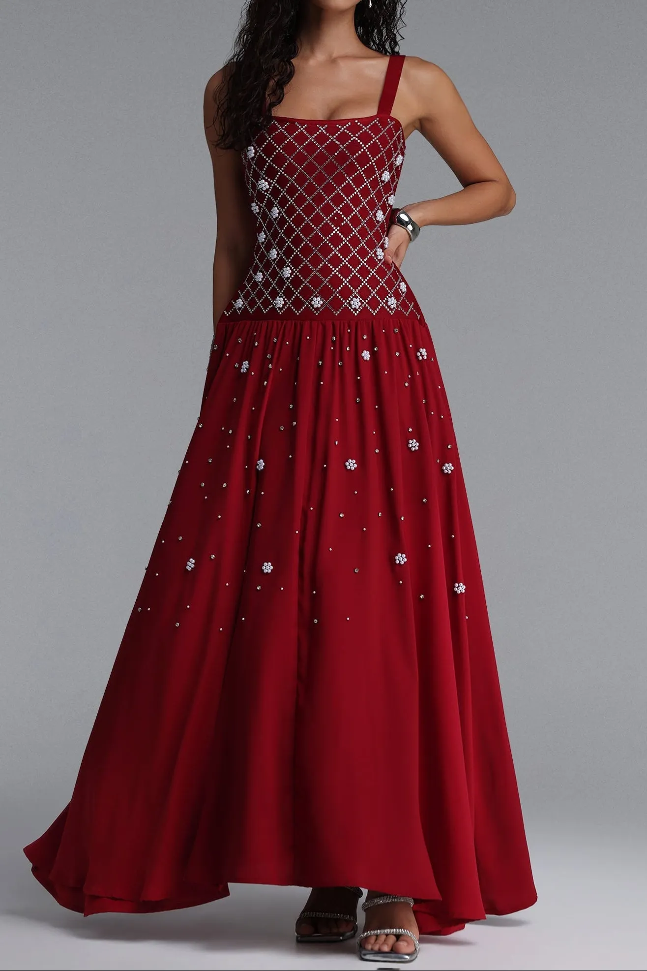 Square Strap Grid Rhinestone Pearl Flowy Maxi Dress