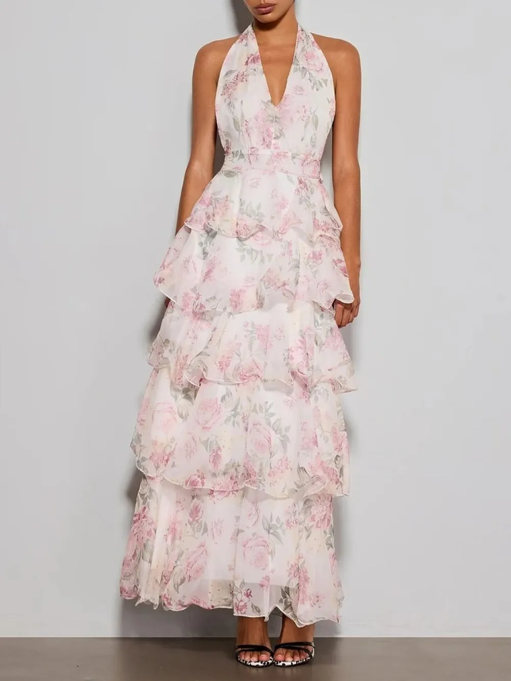 51134ac86d7f5df6975baffb9b936304 Errin Halterneck Ruffle Tiered Floral Maxi Dress