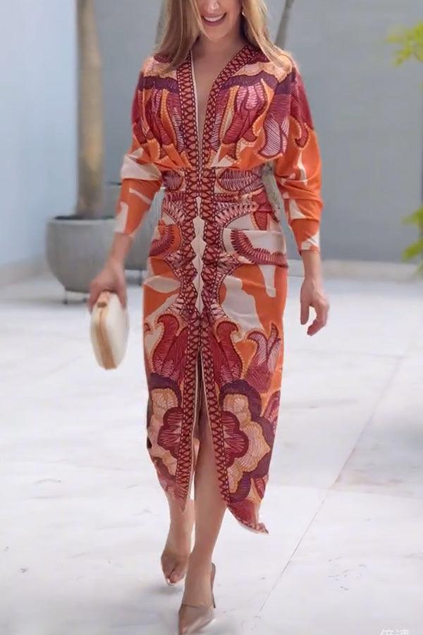Unique Print Dolman Long Sleeve Ruched Slit Midi Dress - OWNCI Unique Print Dolman Long Sleeve Ruched Slit Midi Dress - OWNCI