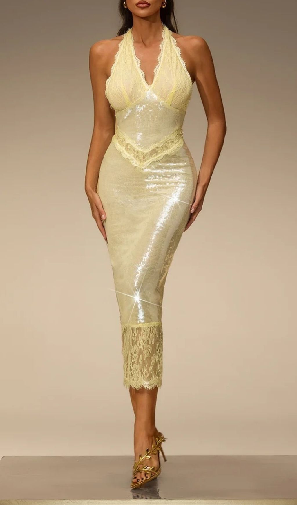 Fashionslee Women Virellon Halterneck Lace Sequin Midi Dress