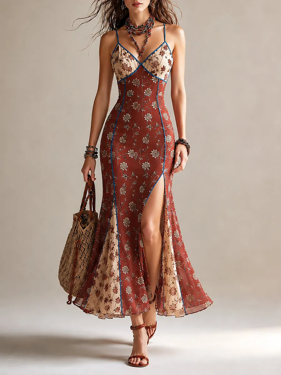 Rust-red Floral Print Chiffon High-slit Spaghetti Strap Maxi Dress