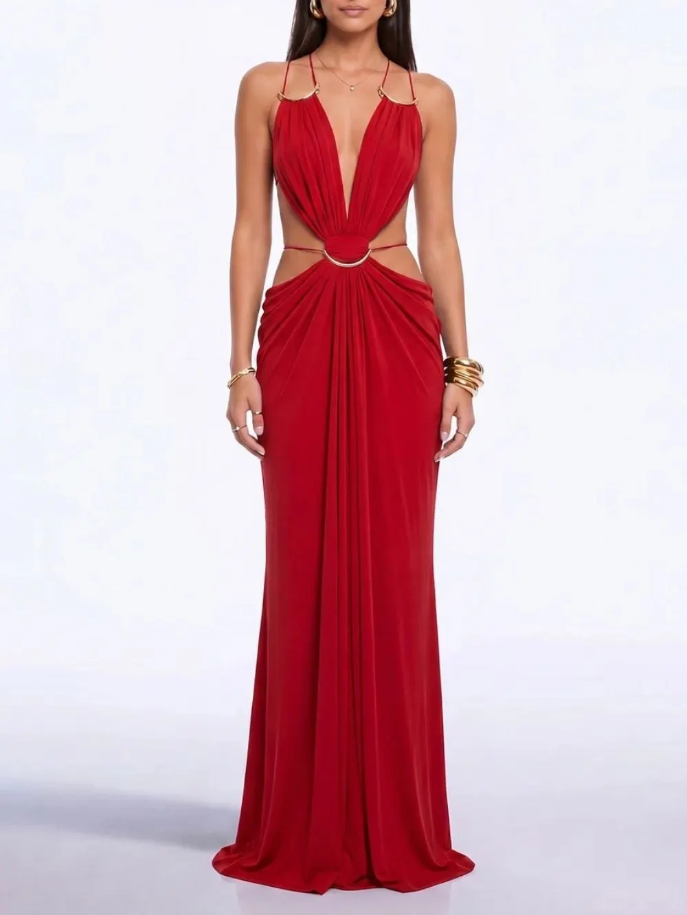 Lorysa Backless Cutout Maxi Dress In Red - OWNCI