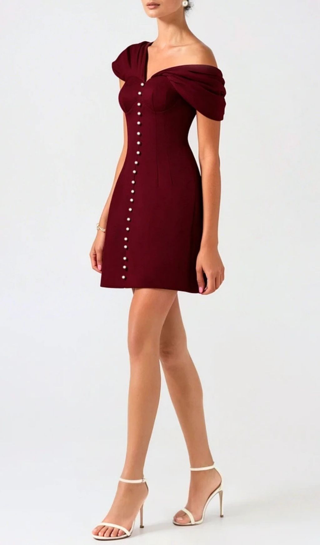 Luzasa Off Shoulder Buttoned Mini Dress - Wine