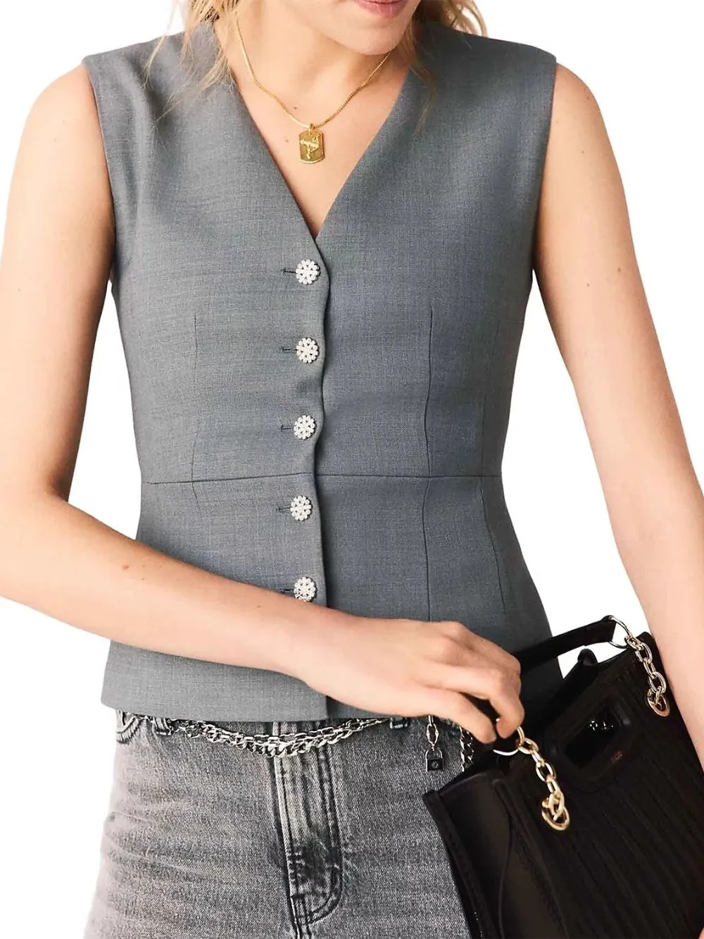 5177dd9dd436f6b3a4e79275aee7fd35 Sleeveless Jewel Button Tailored Jacket