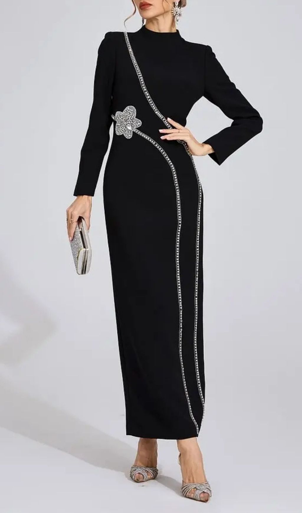 Nicola Diamond Embellished Long Sleeve Maxi Dress - Black