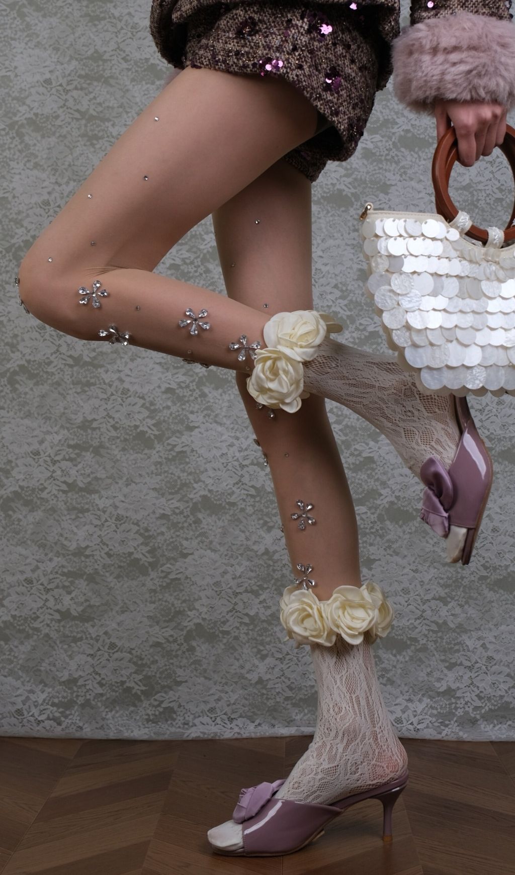 Diamante Embellished Tights & Rose Socks Set