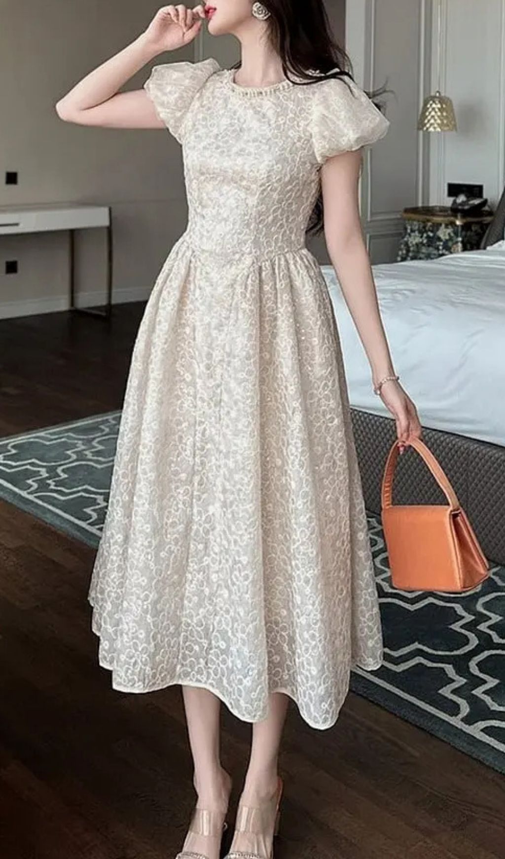 Pearl Neck Puff Sleeve Flared Lace Maxi Dress - Apricot