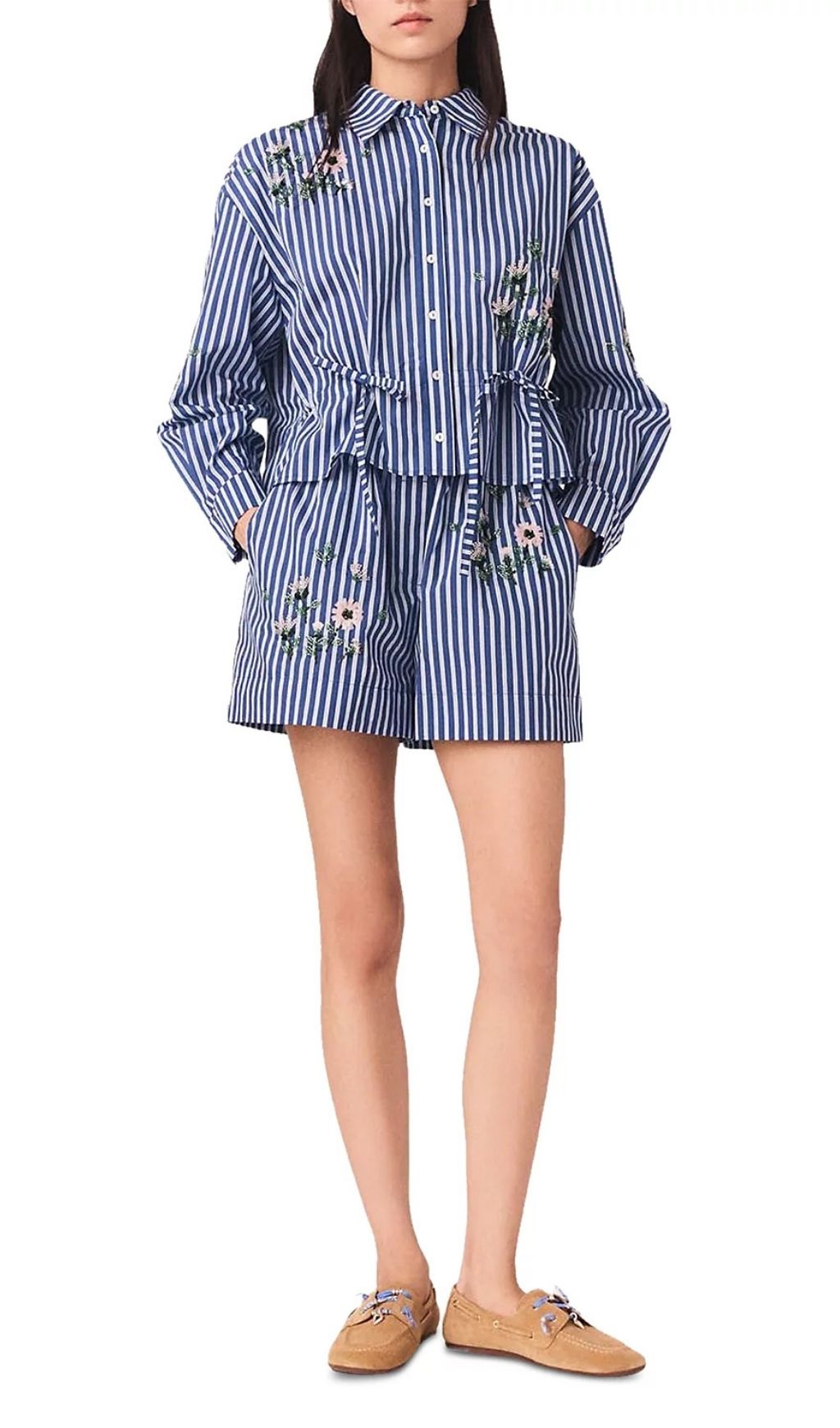 Fashionslee Women Beaded Floral Striped Shirt